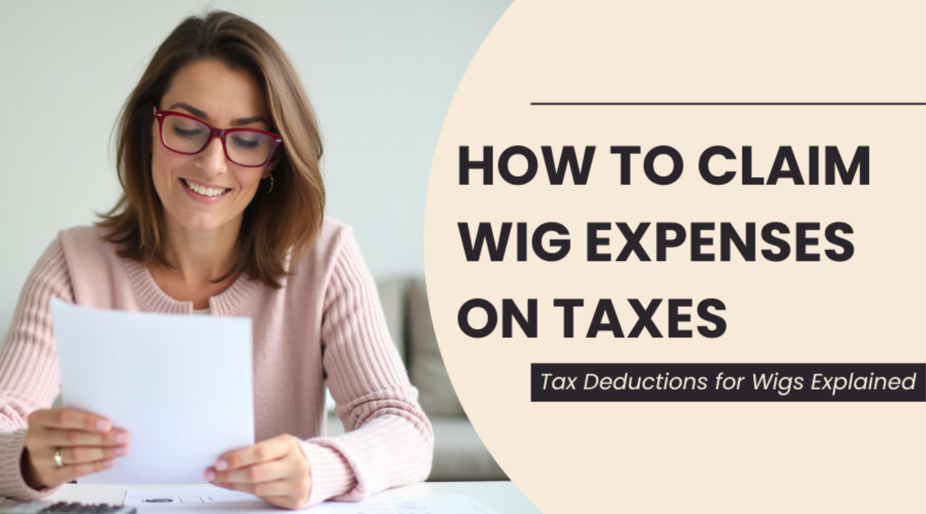 A woman looking at a piece of paper. With text showing "How to claim wig expenses on taxes", showing the importance of claiming wig expenses as tax deductable